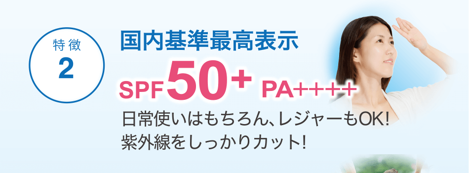 [特徴2]国内基準最高表示SPF50+ PA＋＋＋＋ 日常使いはもちろん、レジャーもOK!紫外線をしっかりカット!