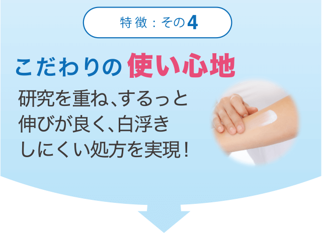 [特徴4]こだわりの使い心地 研究を重ね、伸びが良く白浮きしにくい処方を実現!