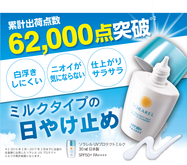累計出荷点数62,000点突破※2「白浮きしにくい」「ニオイが気にならない」「仕上がりサラサラ」ミルクタイプの日やけ止め｜ソラレル UVプロテクトミルク 30㎖ 日本製SPF50+ PA++++ ｜※2 2015年2月〜2017年2月までに全国の生協様に出荷したソラレル UVプロテクトミルクの累計総数になります。